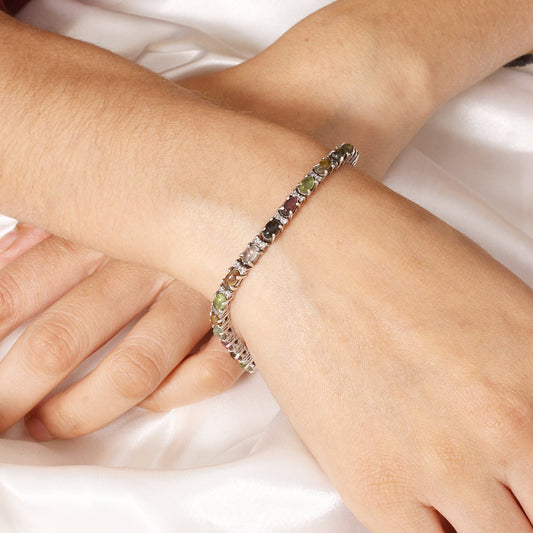 Elegant 925 Sterling Silver Multi Tourmaline Gemstone Tennis Bracelet – Handmade Gemstone Jewelry