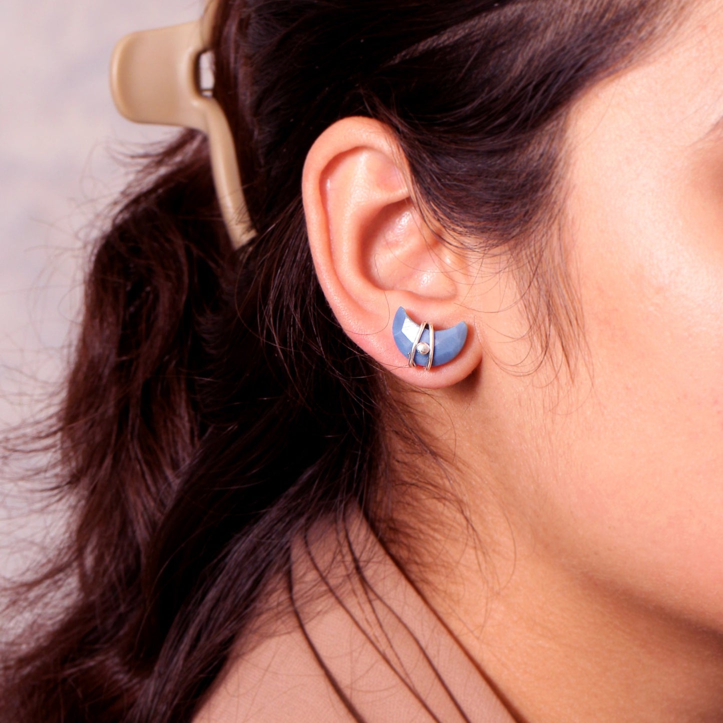 Natural Blue Opal Crescent Moon Stud Earrings – Sterling Silver Trendy Fashion Wedding Bridal Gift