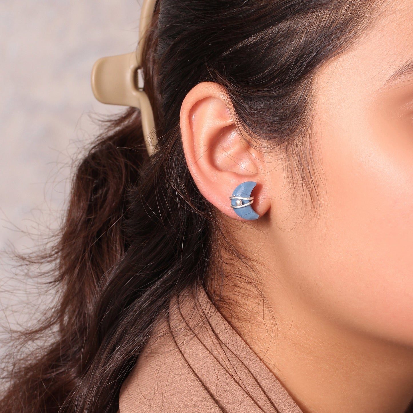 Natural Blue Opal Crescent Moon Stud Earrings – Sterling Silver Trendy Fashion Wedding Bridal Gift