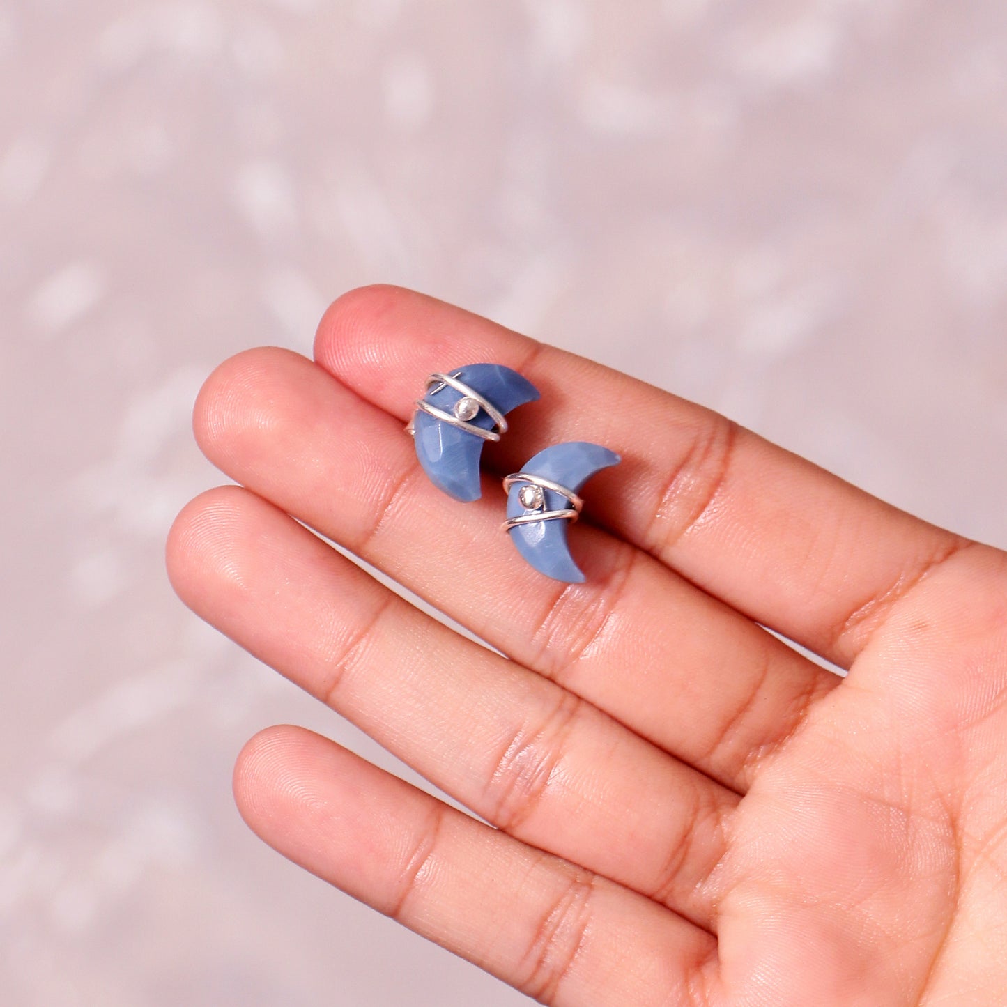 Natural Blue Opal Crescent Moon Stud Earrings – Sterling Silver Trendy Fashion Wedding Bridal Gift