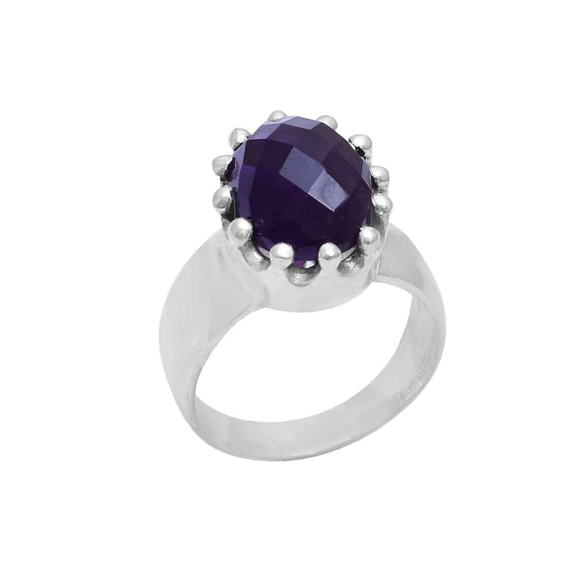 top angle view natural purple amethyst on prong of 925 silver ring