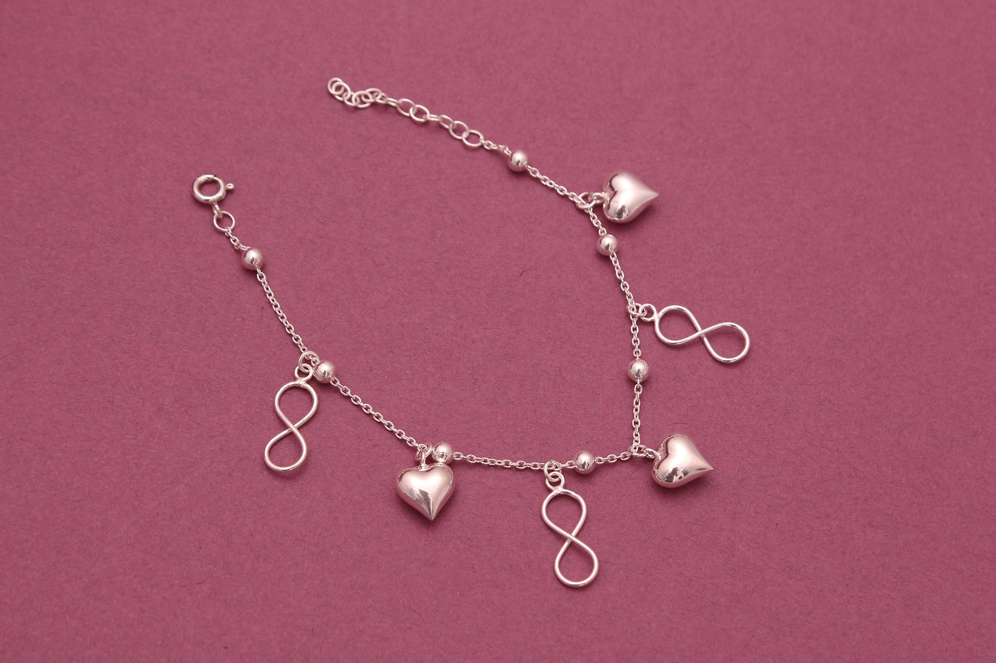 Infinity-Heart Shape Silver Sterling Bracelet, 925 Sloid Sterling Silver Bracelet ,Charm Bracelet For Women, Handmade Jewelry Gifted Item.