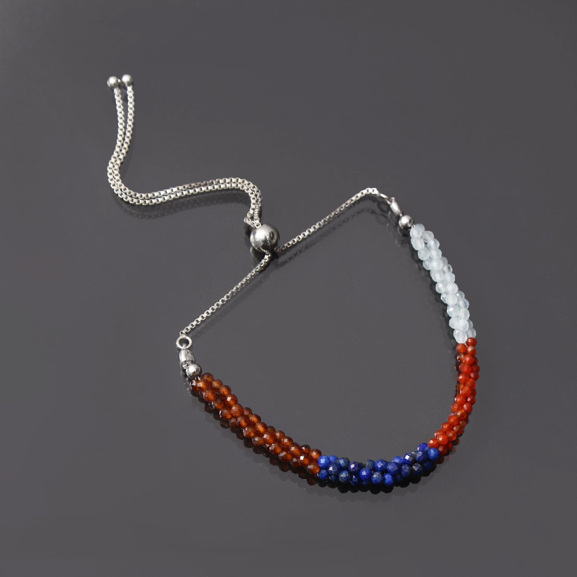 Aquamarine / Hessonite / lapis lazuli/ Carnelian Twist Layer Silver Bracelet ( Bolo Bracelet ) GemsRush