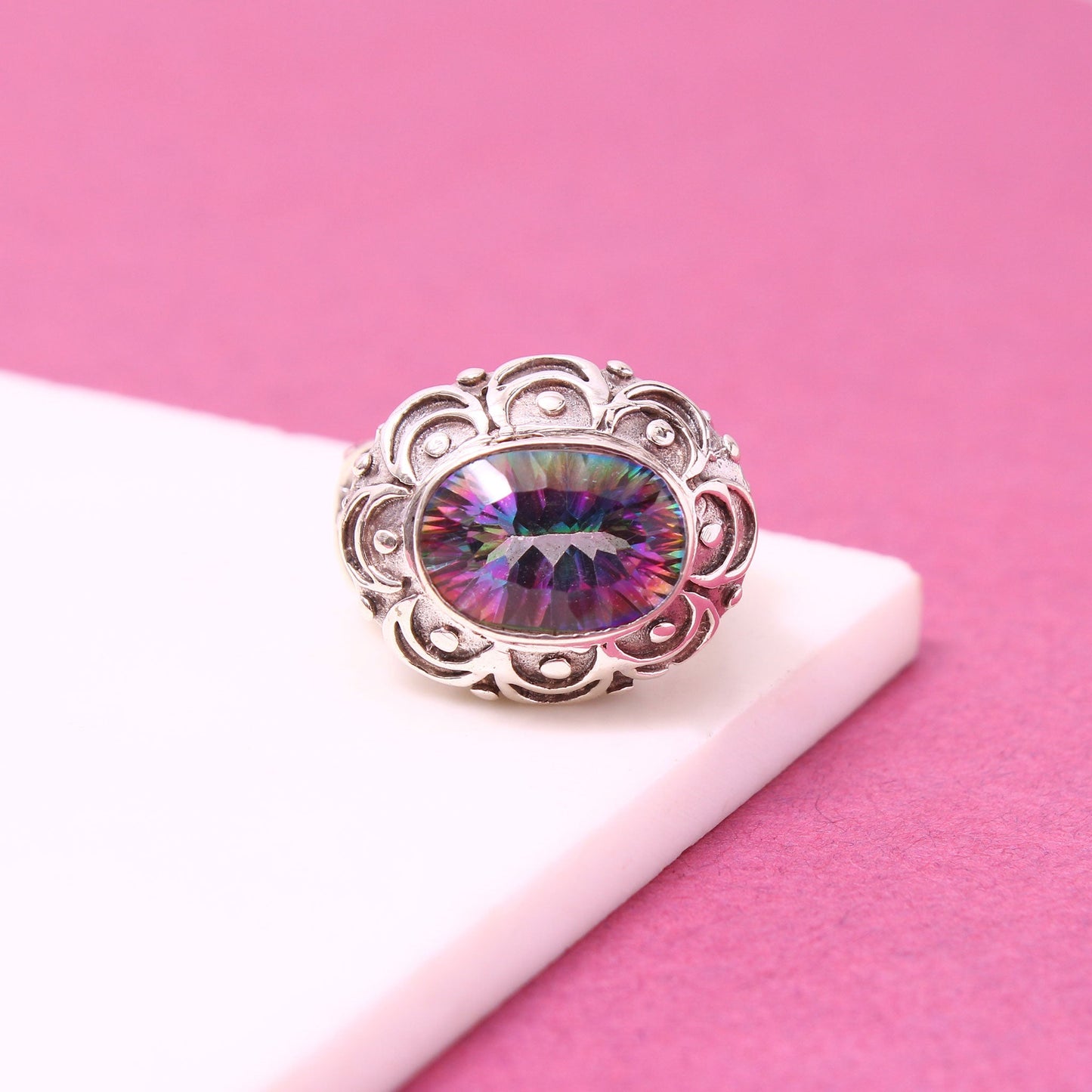 Beautiful Engraved Mystic Topaz Gemstone 925 Sterling Silver Ring GemsRush