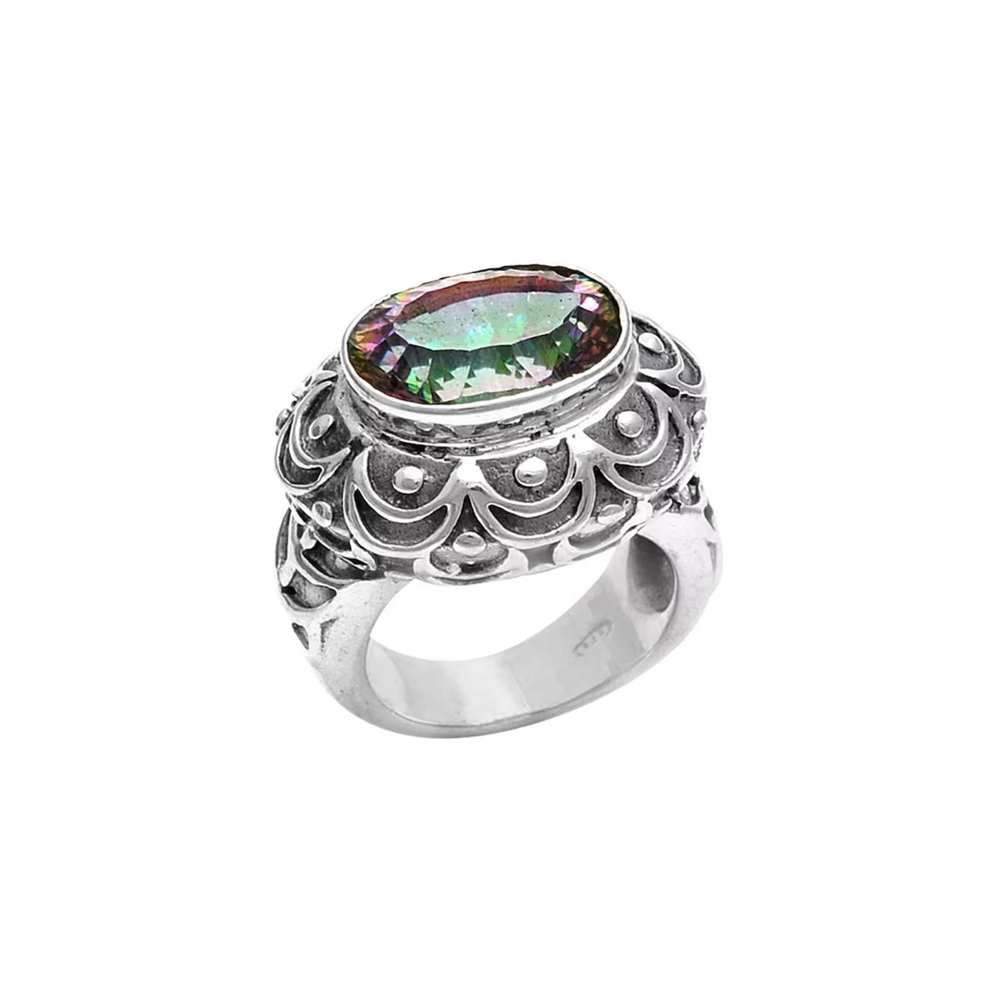 Beautiful Engraved Mystic Topaz Gemstone 925 Sterling Silver Ring GemsRush