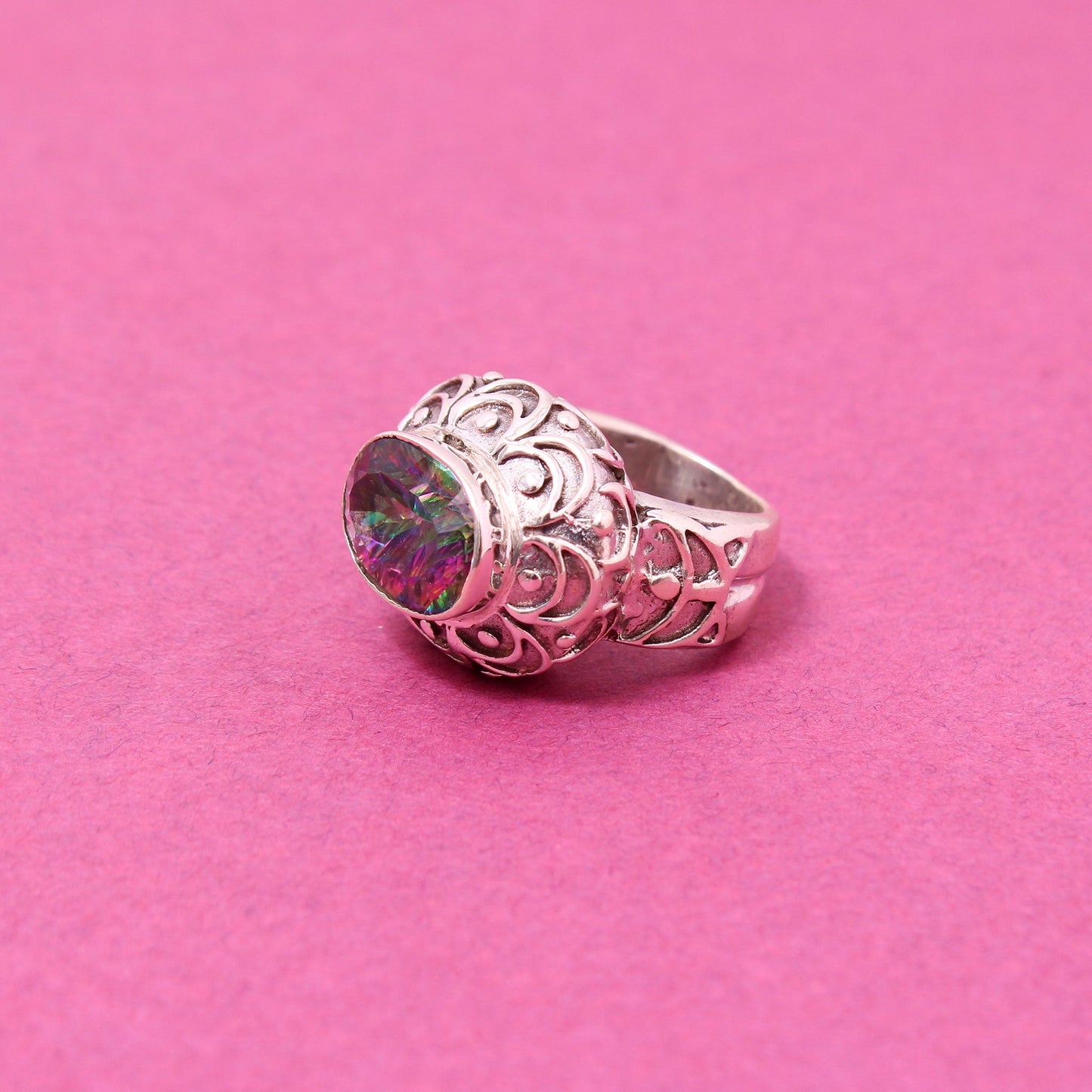 Beautiful Engraved Mystic Topaz Gemstone 925 Sterling Silver Ring GemsRush
