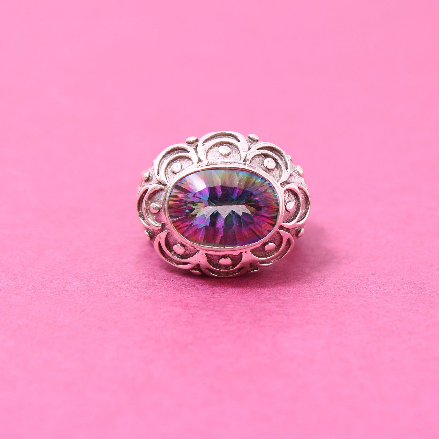 Beautiful Engraved Mystic Topaz Gemstone 925 Sterling Silver Ring GemsRush
