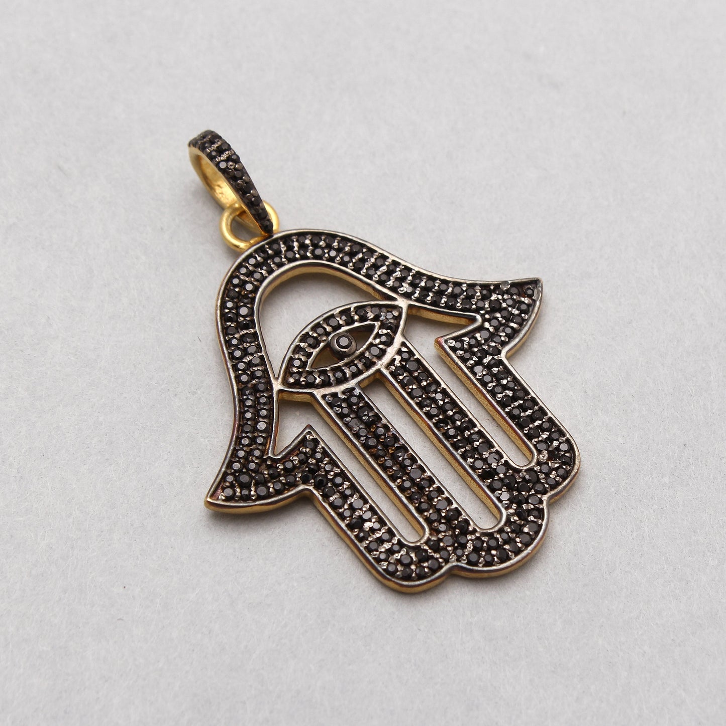 Black Spinel Hamsa With Evil Eye Silver ( Oxidized ) pePendant, GemsRush