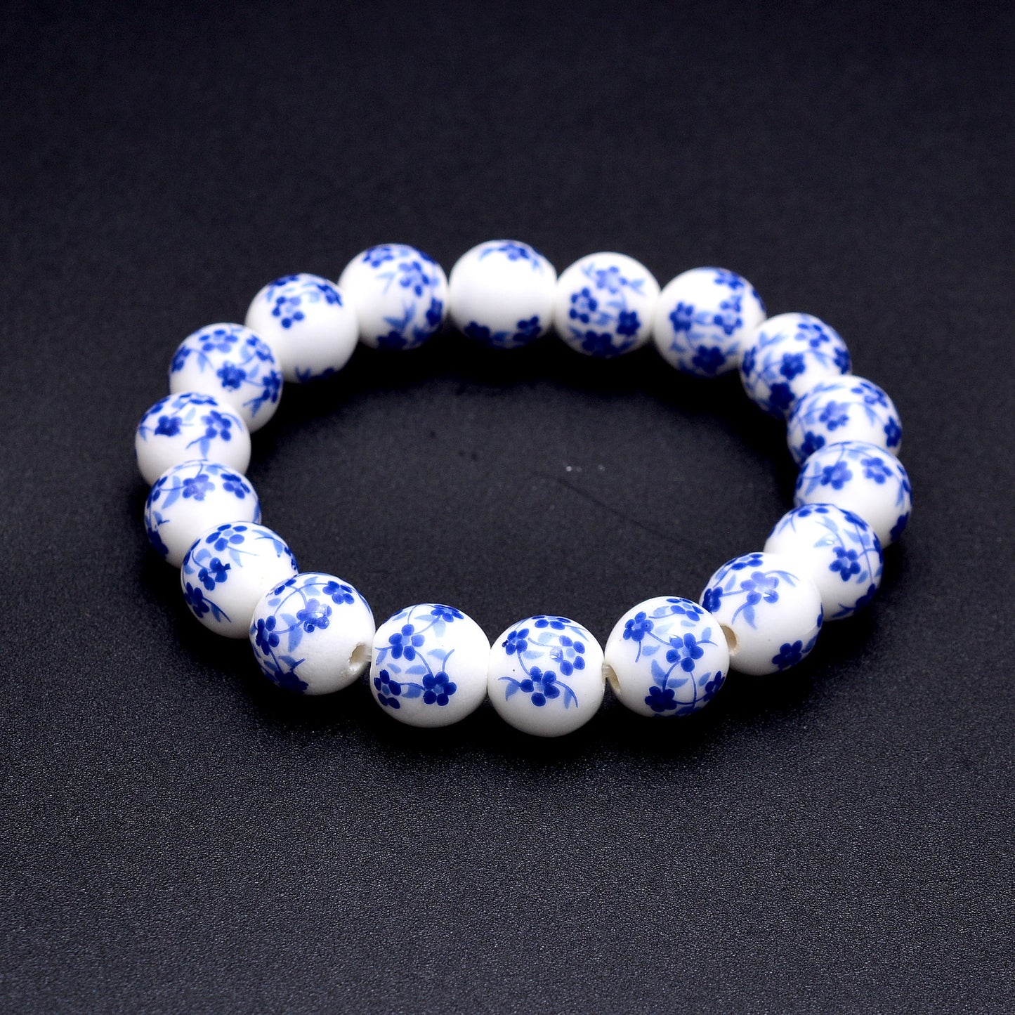 Blue Floral Ceramic Round Bead Stretch Bracelet GemsRush