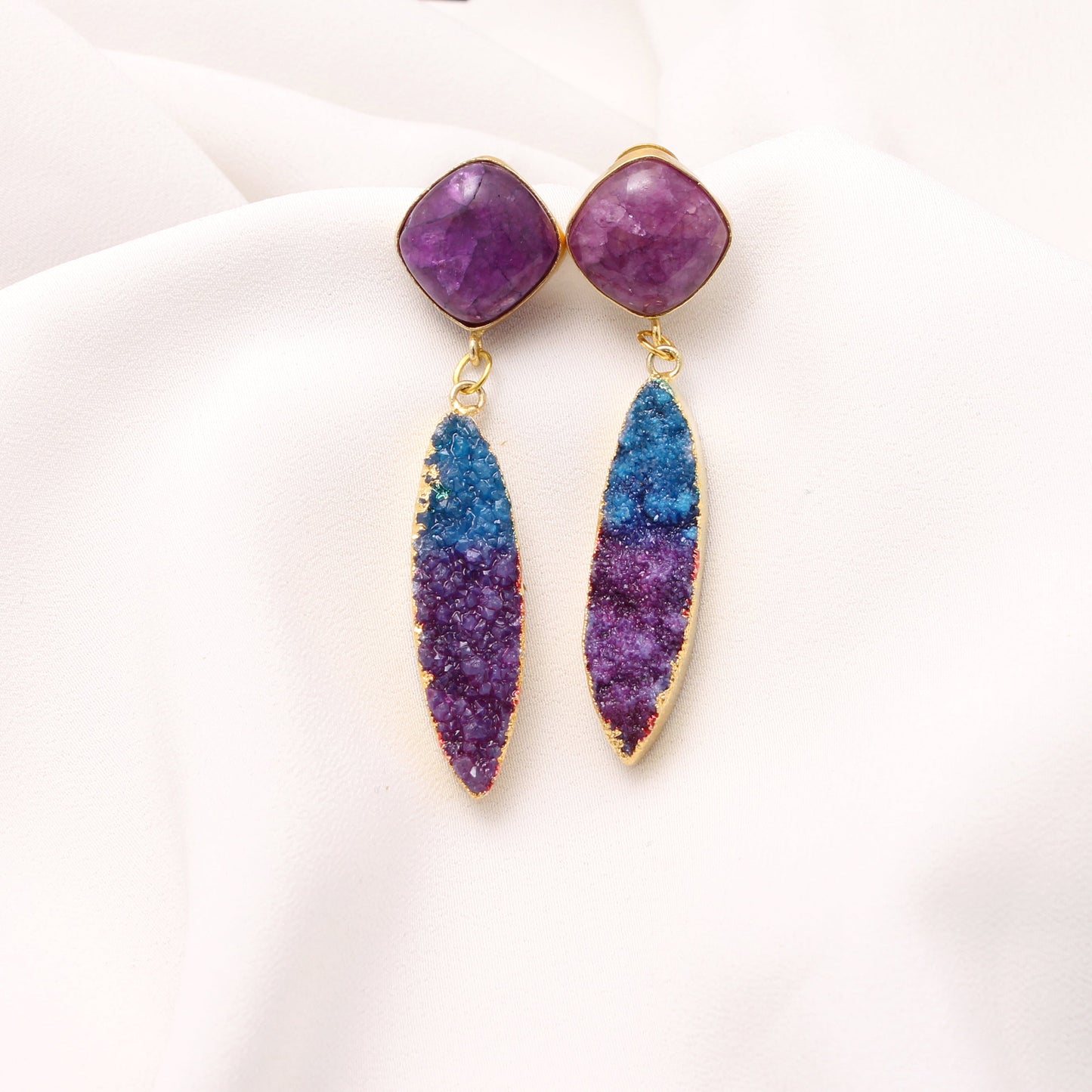 Blue Purple Druzy Gold Plated Brass Earring GemsRush