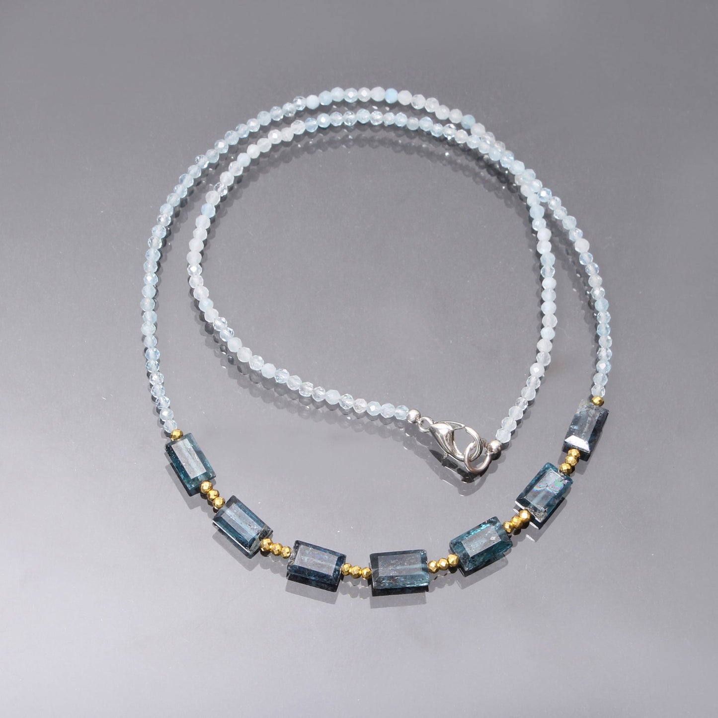 Classic Multi Gemstone Beaded Necklace-Natural Kyanite/ Hematite /Aquamarine Necklace. GemsRush