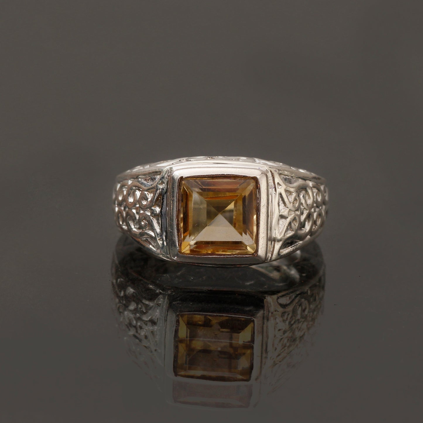 Golden Citrine Designer Ring , Statement Ring Square Cut Unisex Ring , Sterling Silver . GemsRush