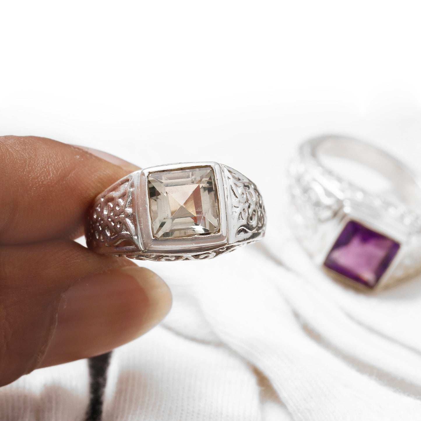 Golden Citrine Designer Ring , Statement Ring Square Cut Unisex Ring , Sterling Silver . GemsRush