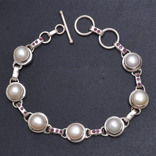 Handcrafted Sterling Silver Bracelet with Pearl Links and Garnet Tiny Stones GemsRush