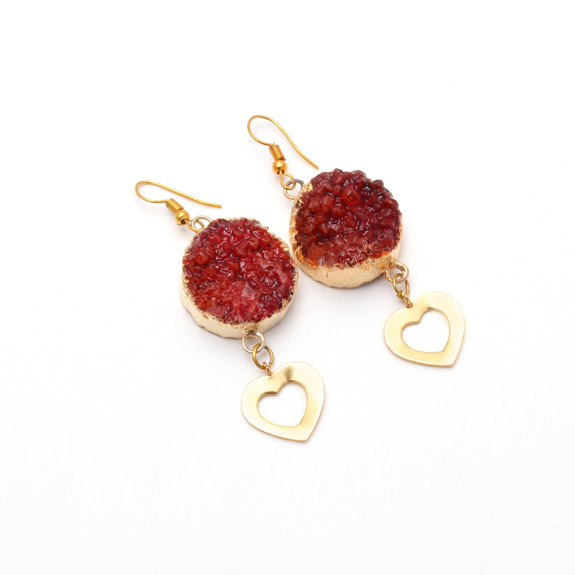 Hot Red Druzy Dangle Brass Earrings With Heart GemsRush