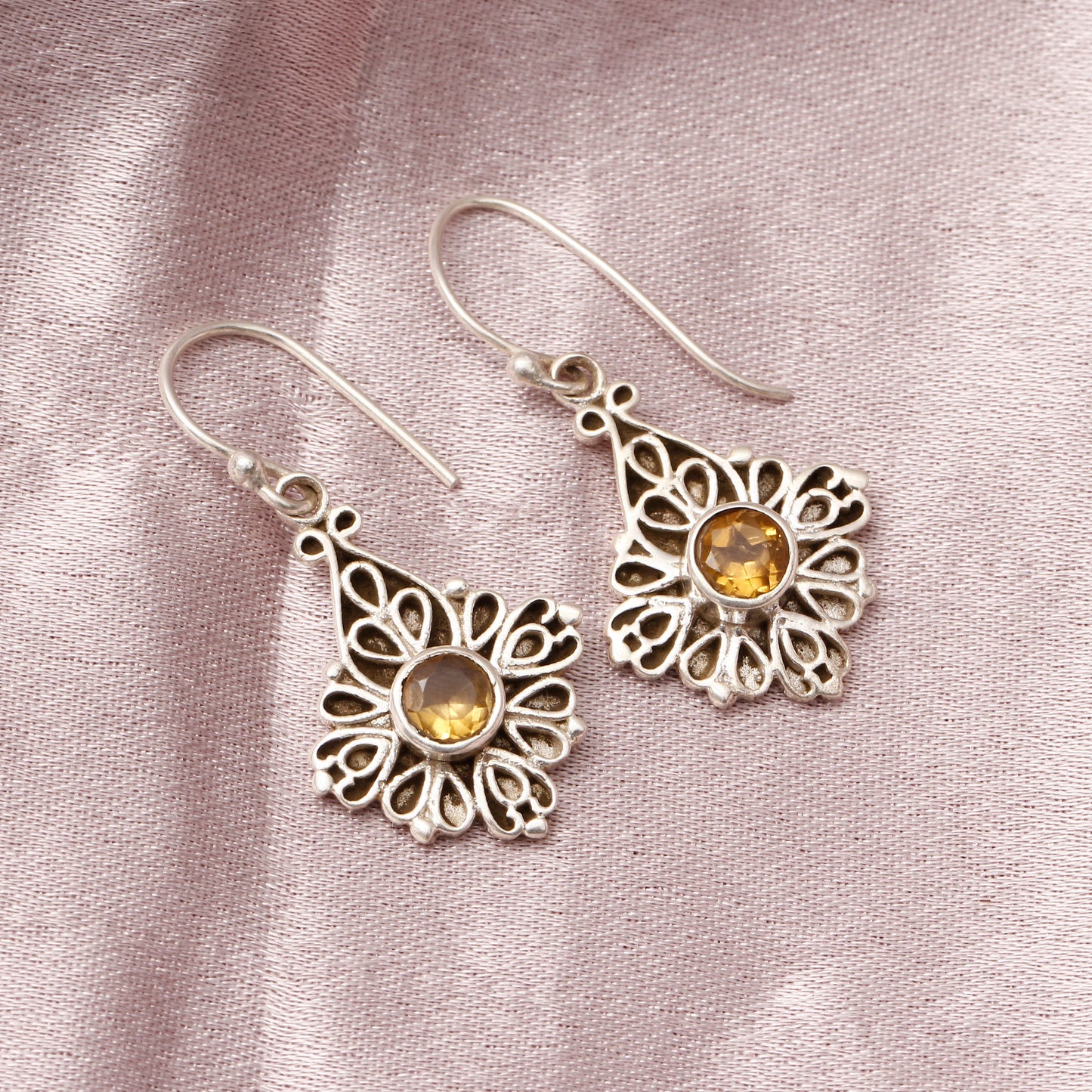 Natural Citrine Gemstone Sterling Silver Dangle Earring | Center Citrine is Grandeur of this Earring GemsRush