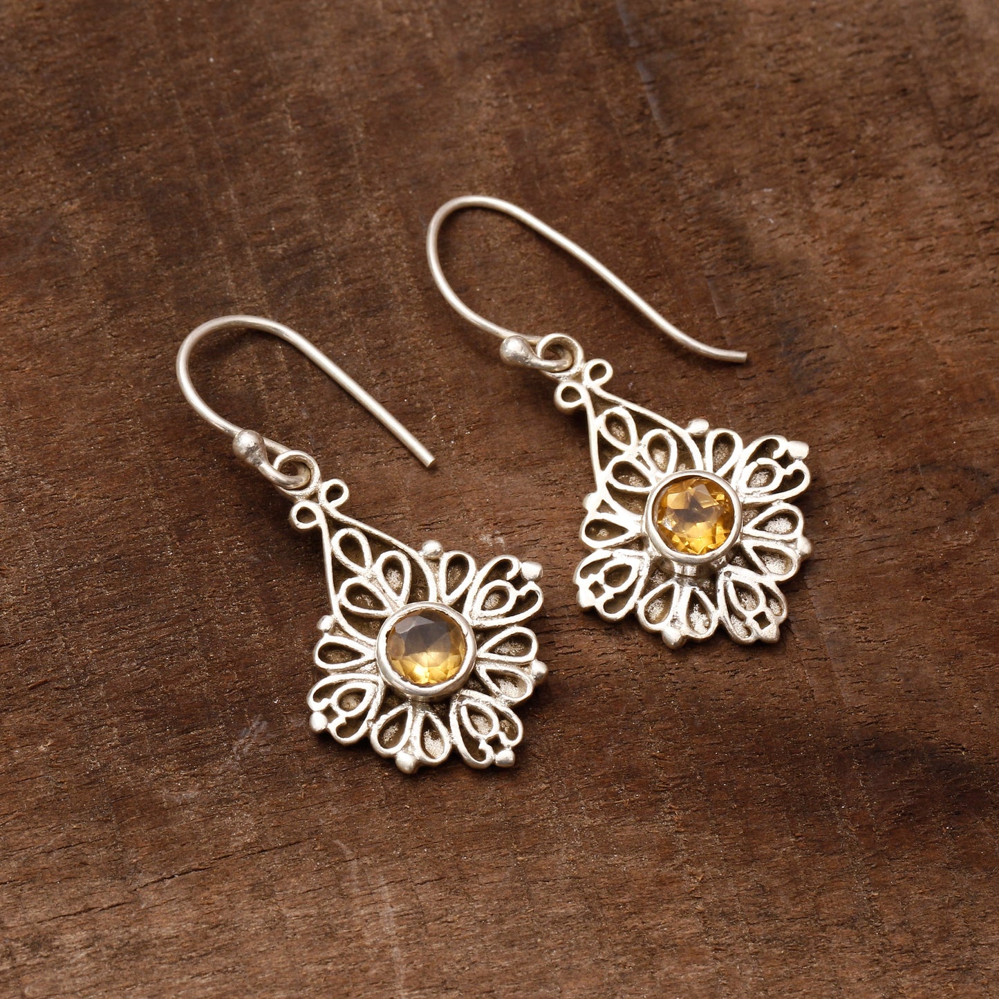 Natural Citrine Gemstone Sterling Silver Dangle Earring | Center Citrine is Grandeur of this Earring GemsRush