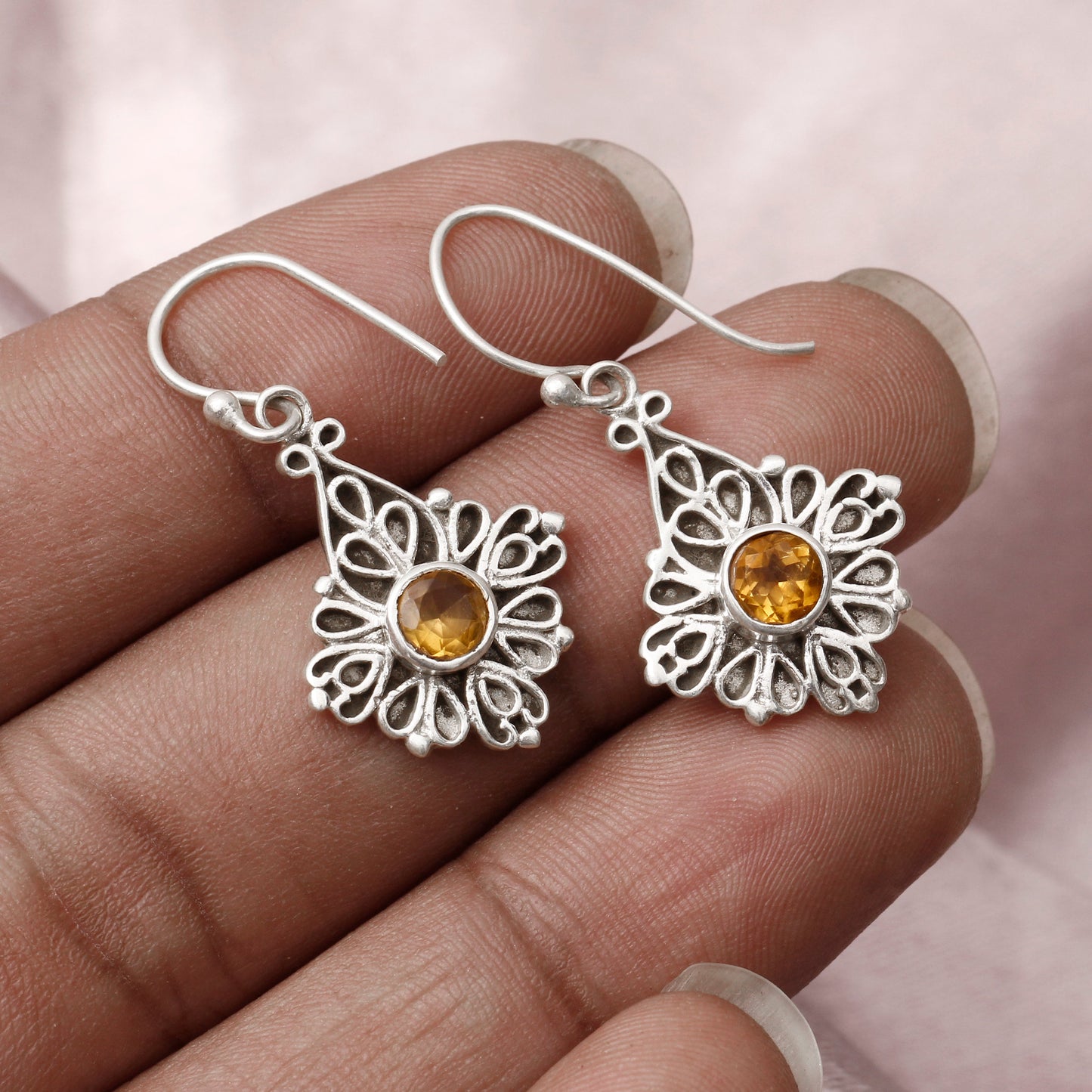 Natural Citrine Gemstone Sterling Silver Dangle Earring | Center Citrine is Grandeur of this Earring GemsRush