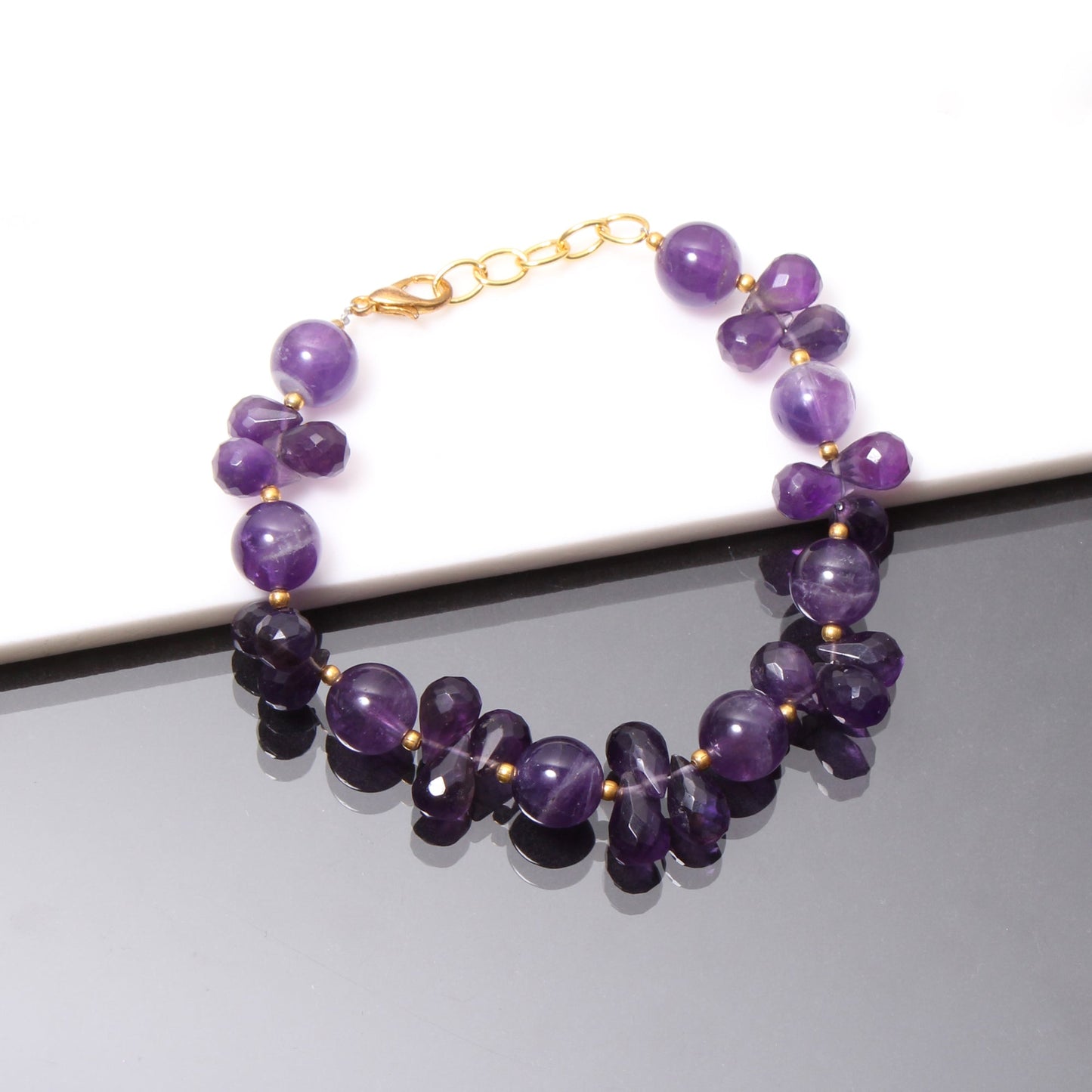Natural Purple Amethyst Beaded Bracelet ( Gold Plated ) GemsRush