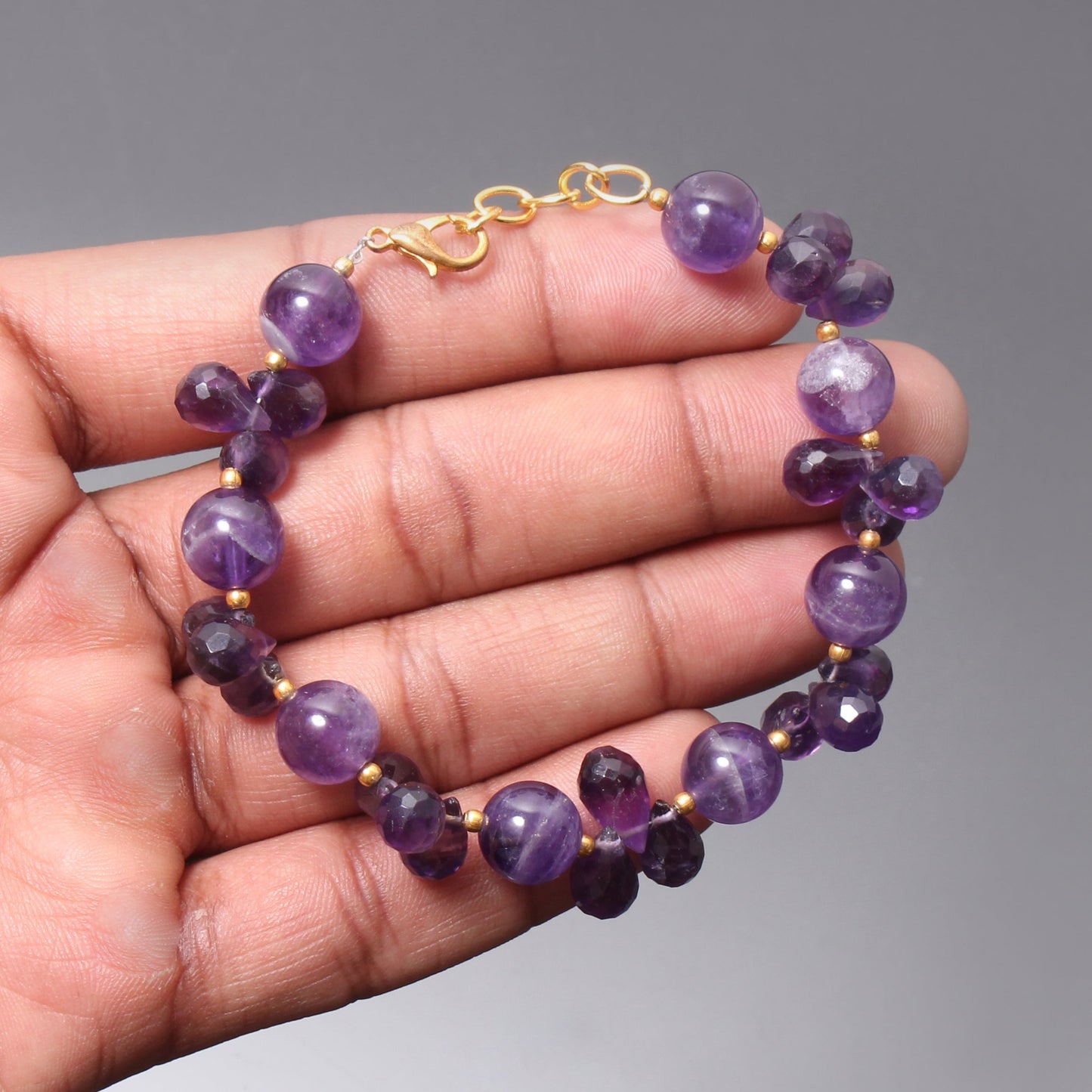Natural Purple Amethyst Beaded Bracelet ( Gold Plated ) GemsRush