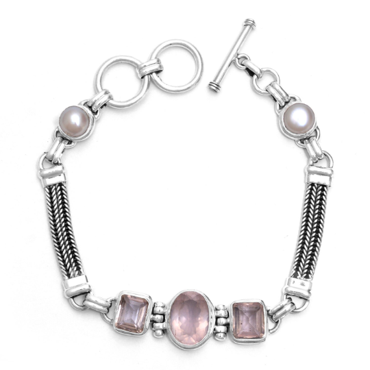 Natural Rose Quartz Gemstone Bracelet Made Up Of Sterling GemsRush