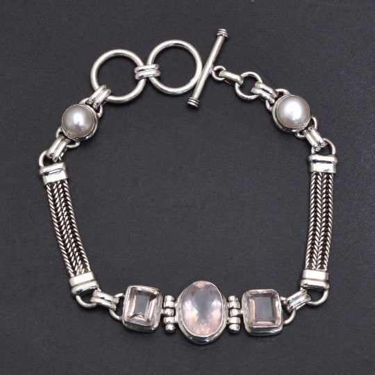 Natural Rose Quartz Gemstone Bracelet Made Up Of Sterling GemsRush