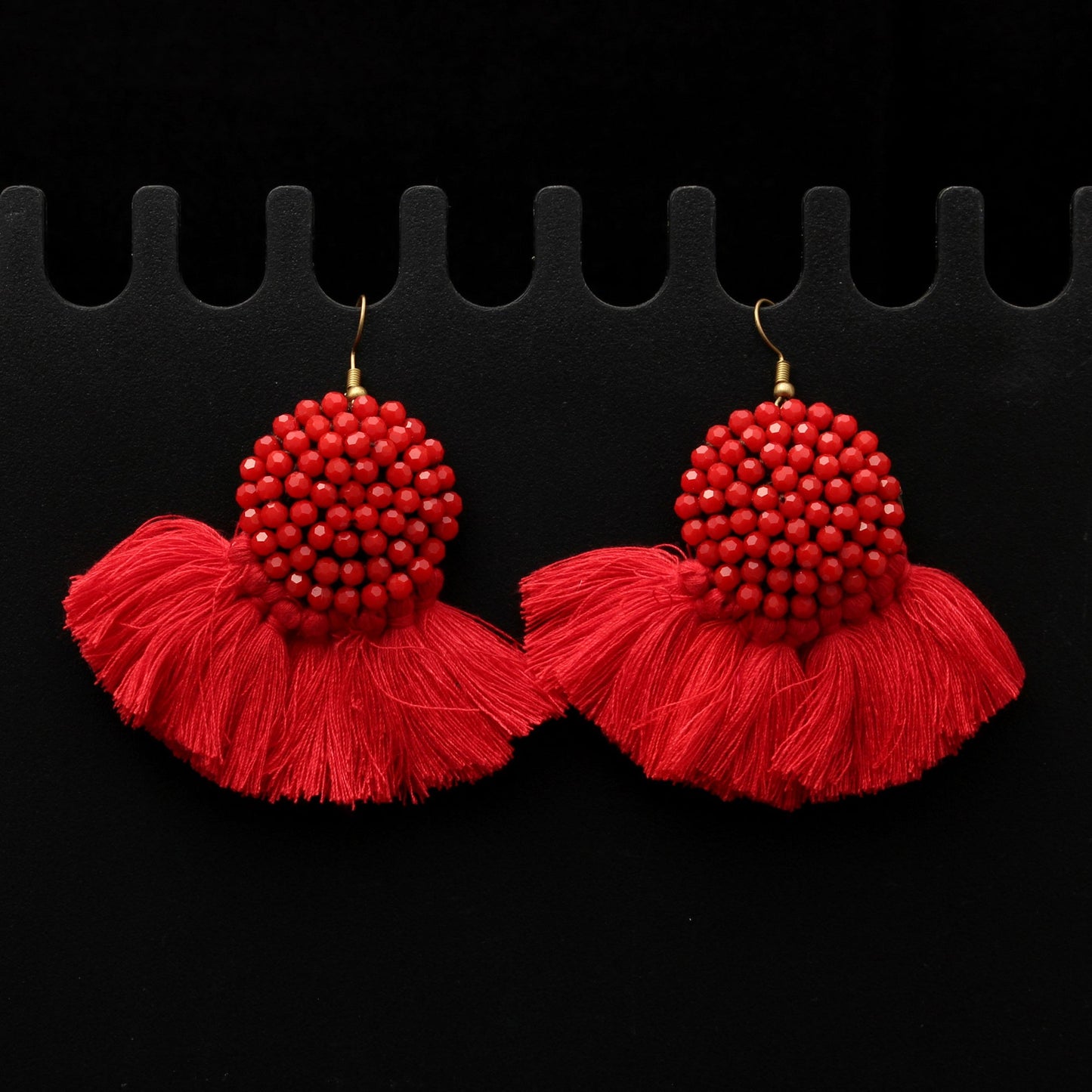 Red Coral Beads Earring With Tassel ( Gold Plated ) GemsRush