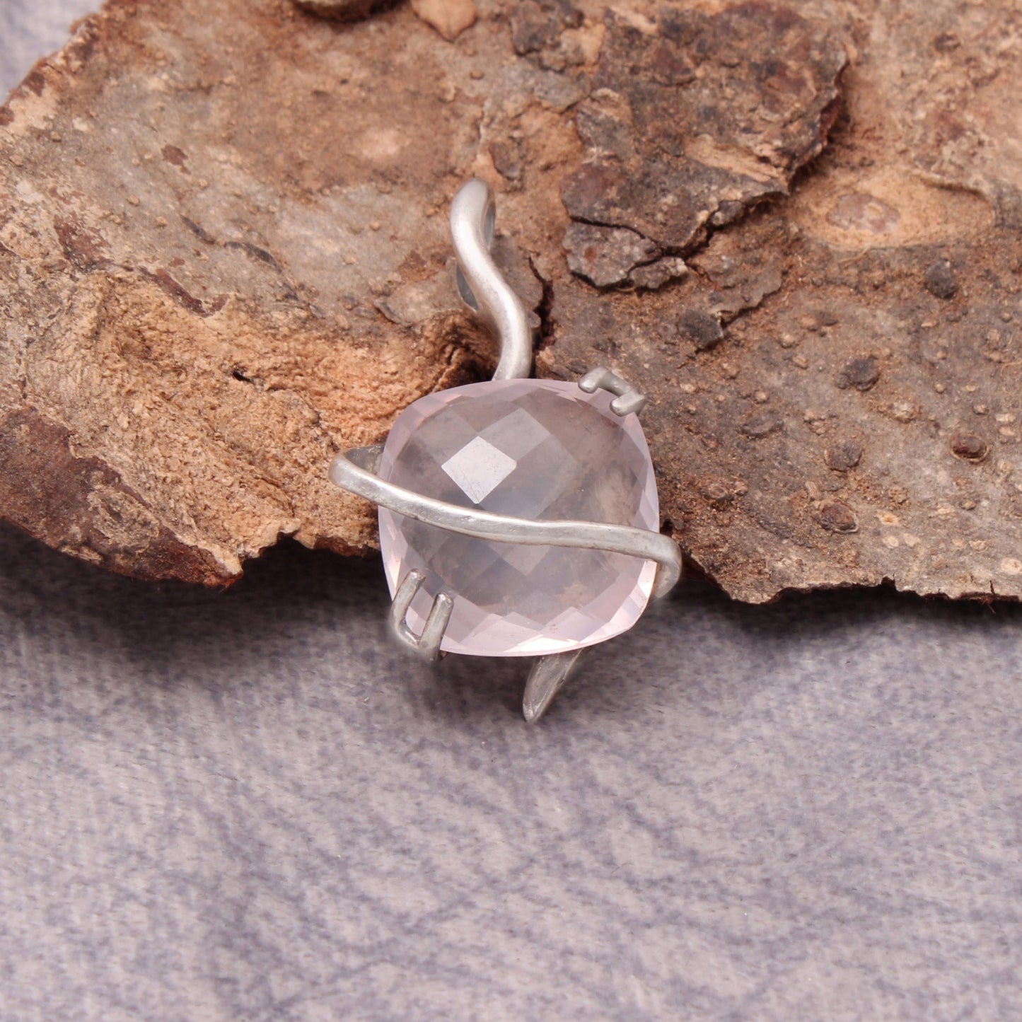 Rose Quartz Unique Silver Wire Pendant GemsRush