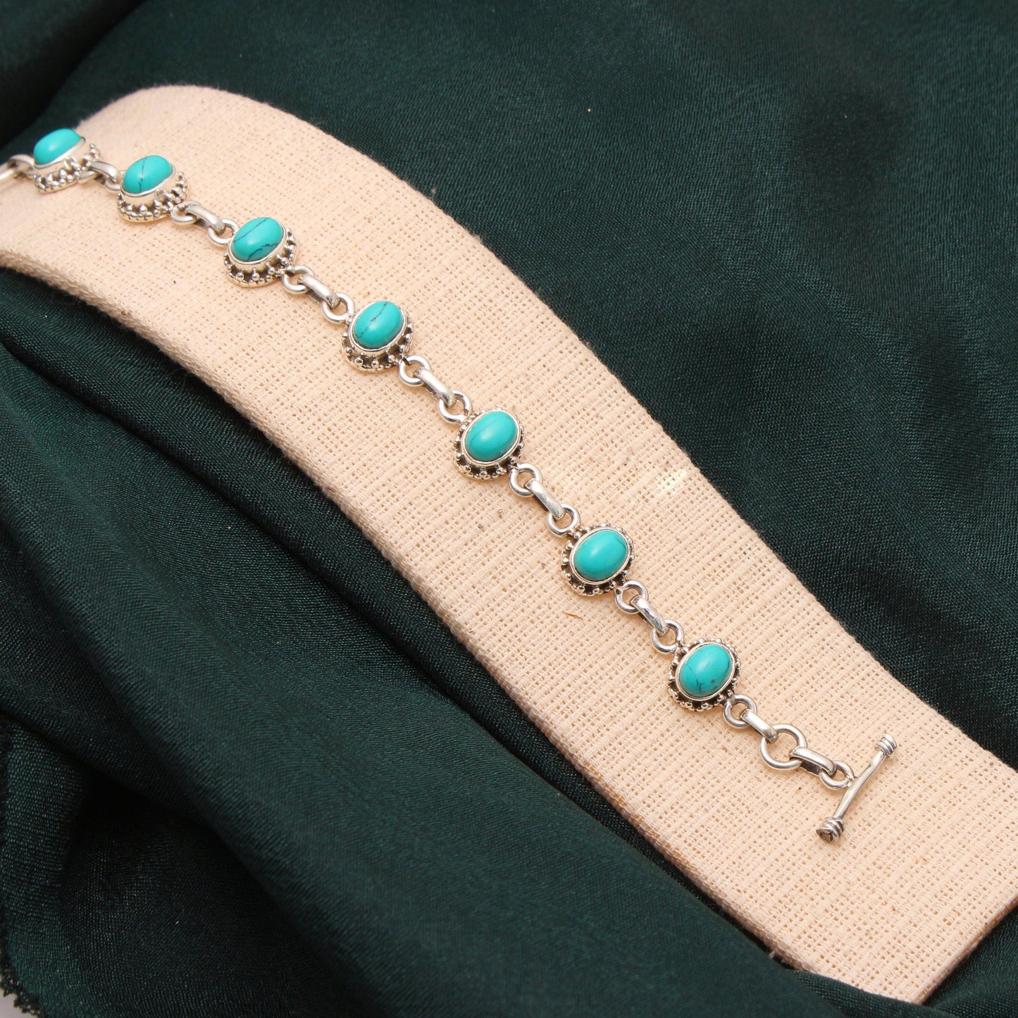 Turquoise Flower Engraved Sterling Silver Link Bracelet With Toggle Lock - Jewelry Gift GemsRush