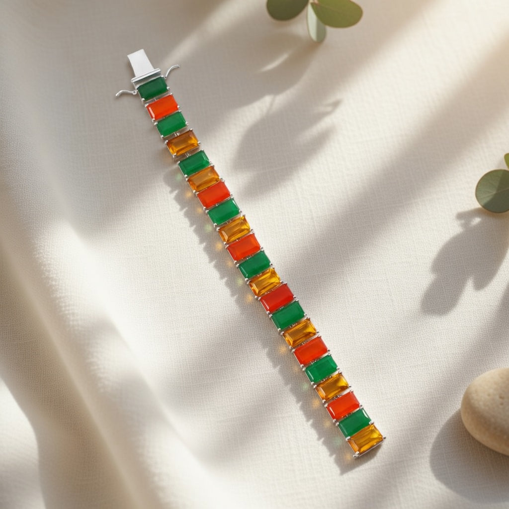 Vibrant Citrine, Green Aventurine & Carnelian Gemstone Link Bracelet – Natural Multi-Stone Sterling Silver Statement Bracelet