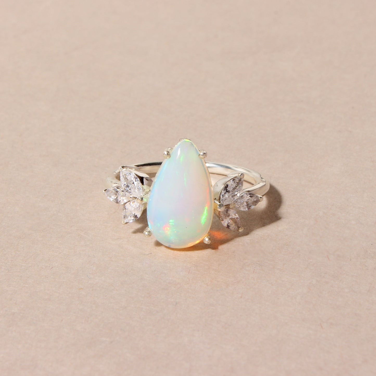 Natural Ethiopian Opal Pear Shape Ring with Marquise Accent Stones – 925 Sterling Silver Fire Opal Statement Ring for Women