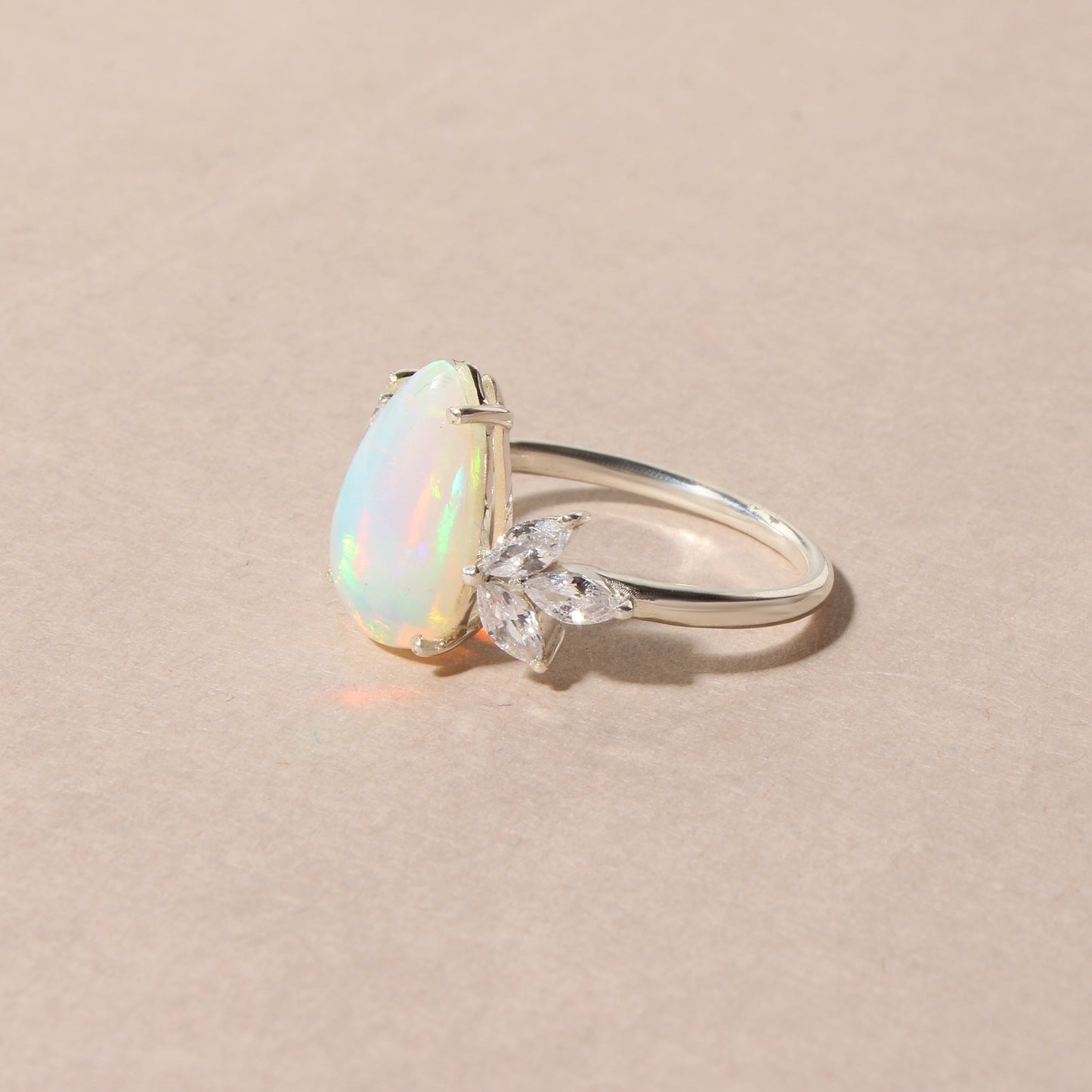 Natural Ethiopian Opal Pear Shape Ring with Marquise Accent Stones – 925 Sterling Silver Fire Opal Statement Ring for Women