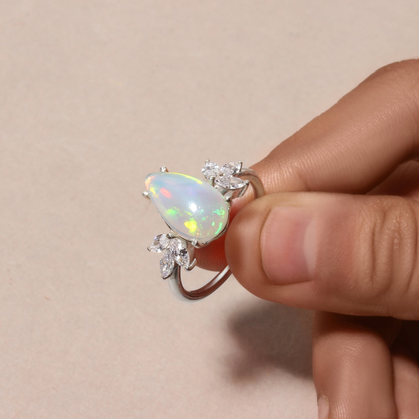 Natural Ethiopian Opal Pear Shape Ring with Marquise Accent Stones – 925 Sterling Silver Fire Opal Statement Ring for Women