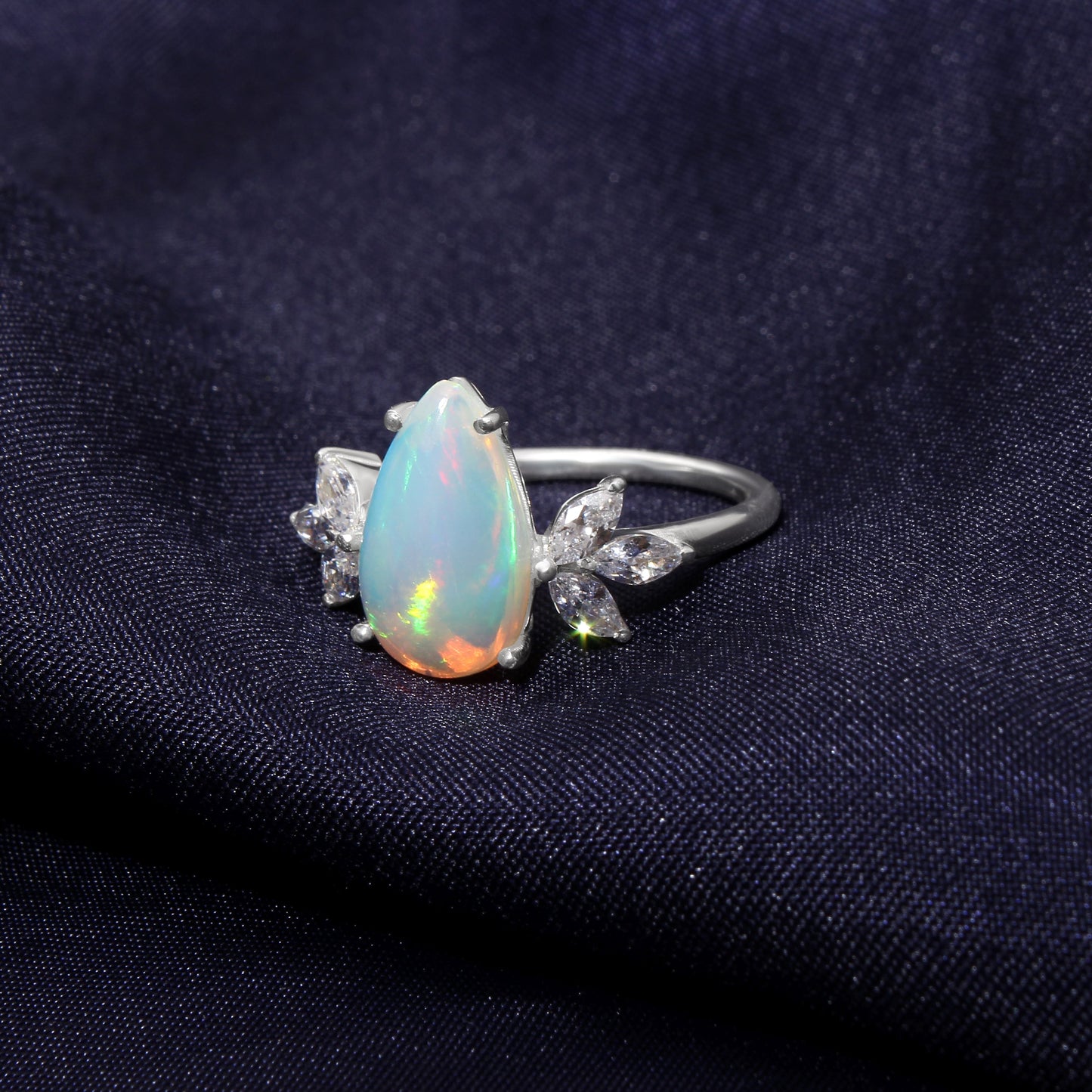Natural Ethiopian Opal Pear Shape Ring with Marquise Accent Stones – 925 Sterling Silver Fire Opal Statement Ring for Women