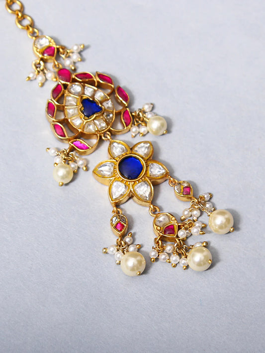 Exquisite Elegance: 925 Silver Maang Tikka with Simulated Sapphire, Diamond & Ruby