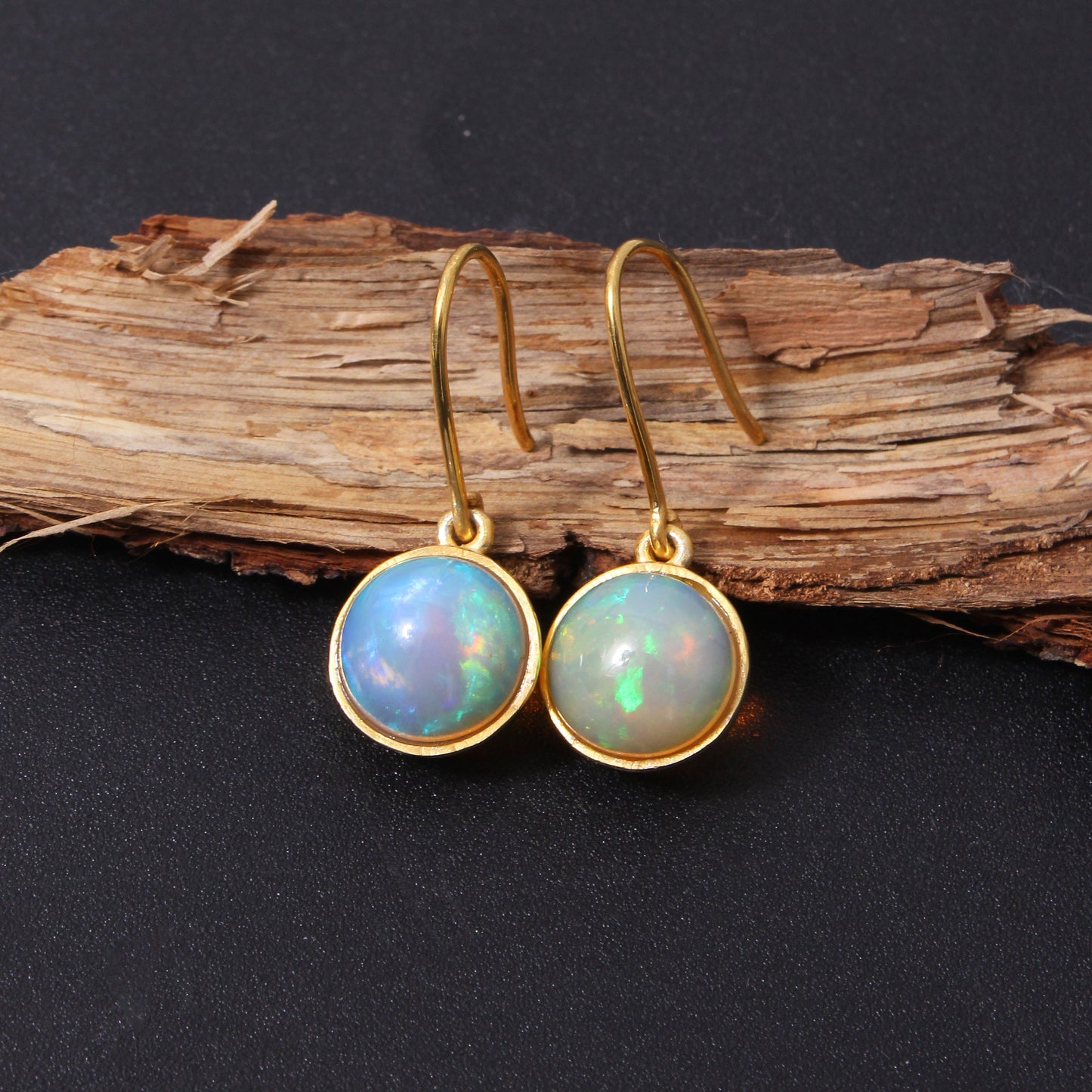 Natural Ethiopian Opal Drop Earrings – Iridescent Fire Opal Gold-Plated Dangle Earrings for Women