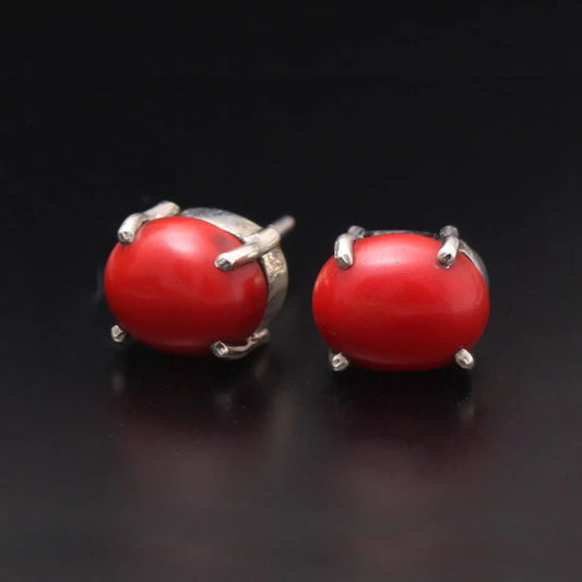 Red coral Smooth Oval Gemstone Sterling Silver Stud Earrings