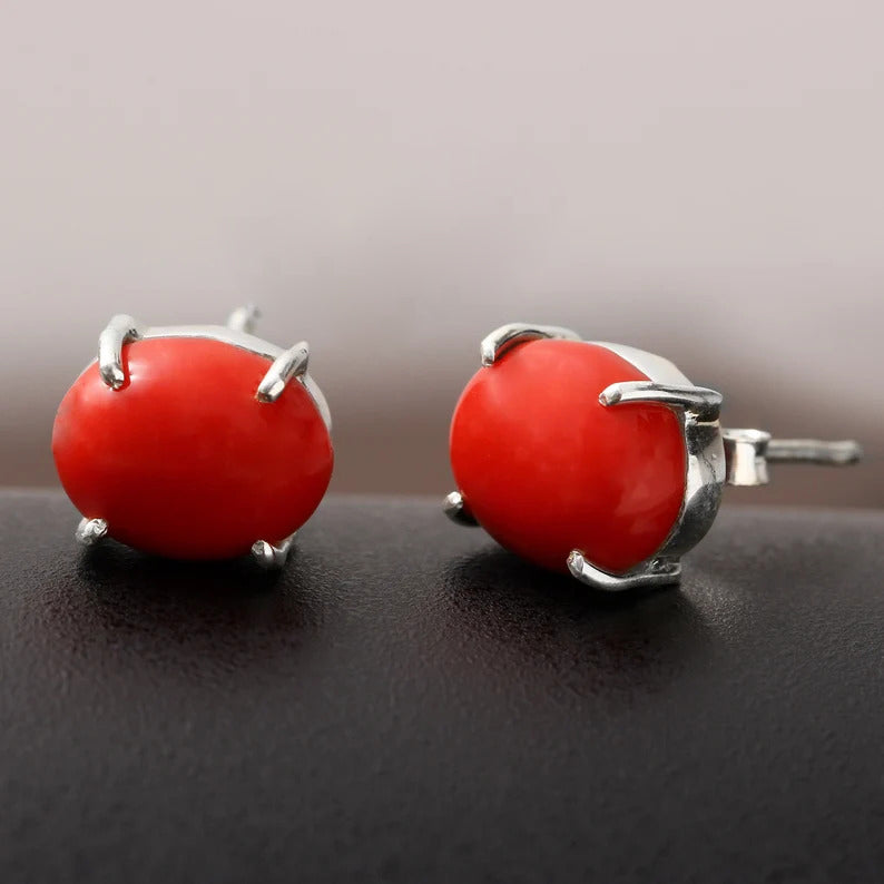 Red Coral 925 Sterling Silver Stud Earring