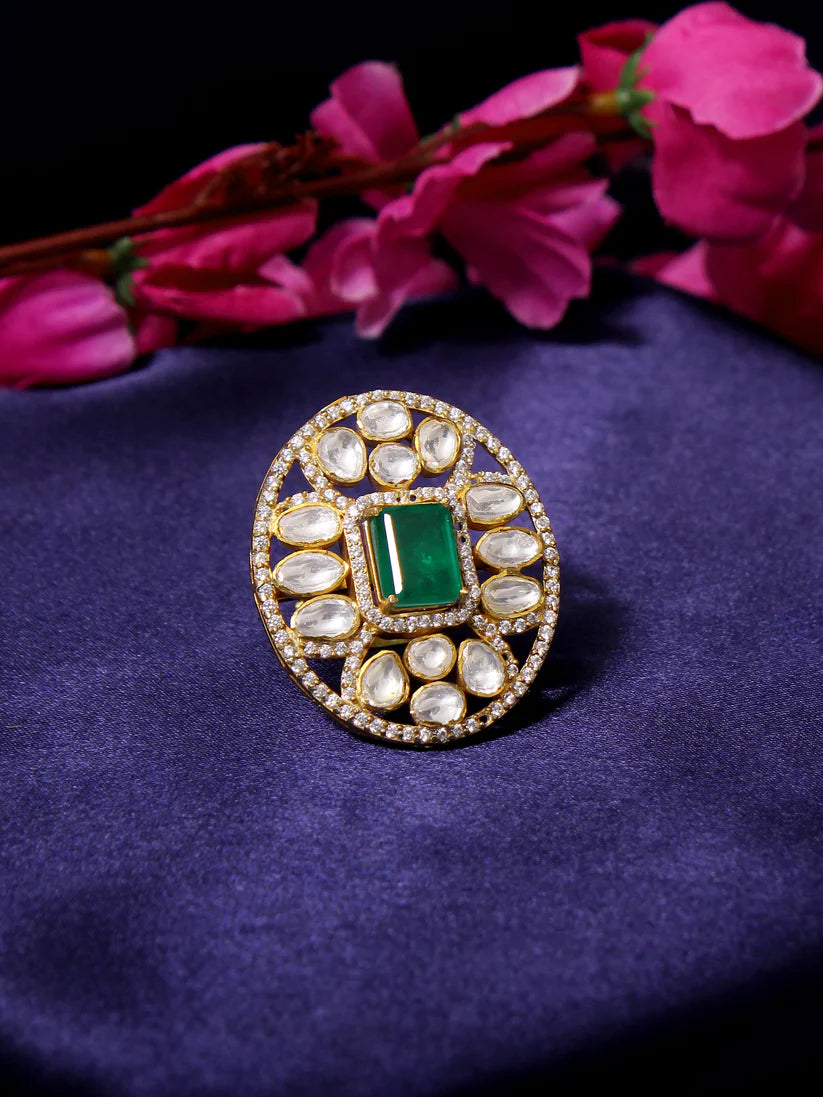 Elegance: Simulated Emerald & Faux Diamond Traditional Indian Ring (Adjustable