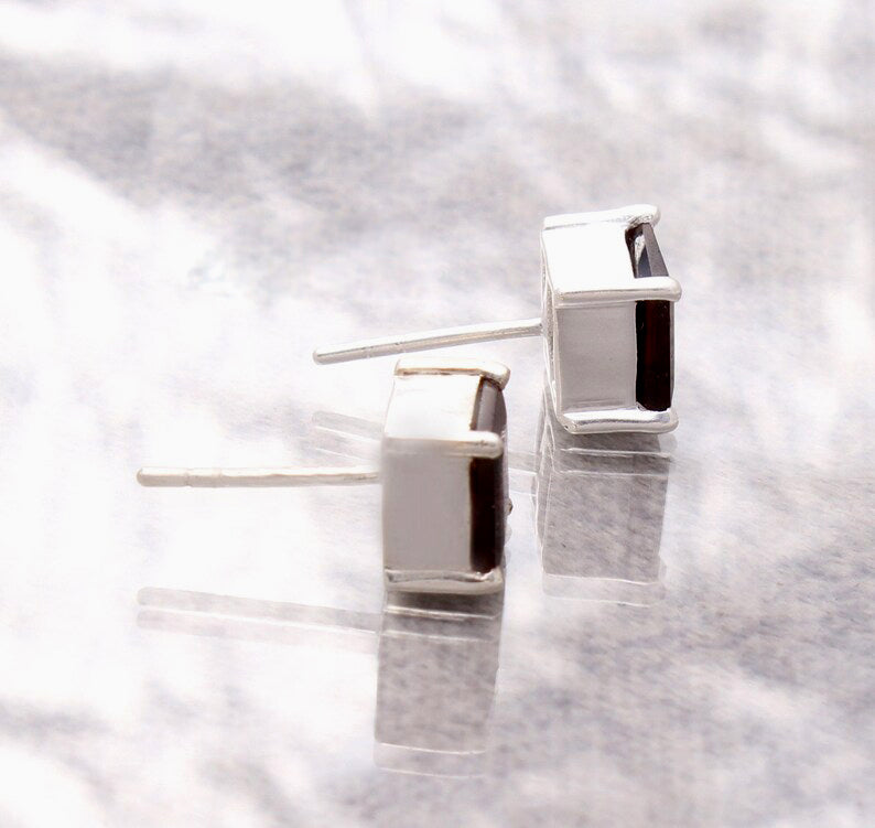 Square Red Garnet Stone 925 Silver Earring