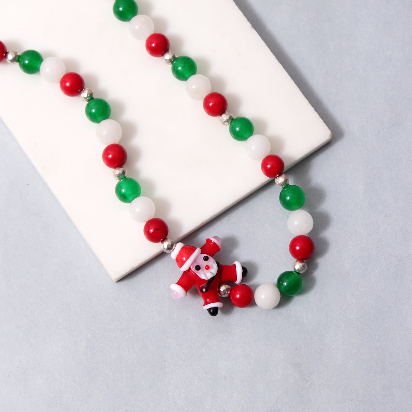 Gemstone Necklace and Bracelet with Cute Santa Charm, Santa Jewelry Set