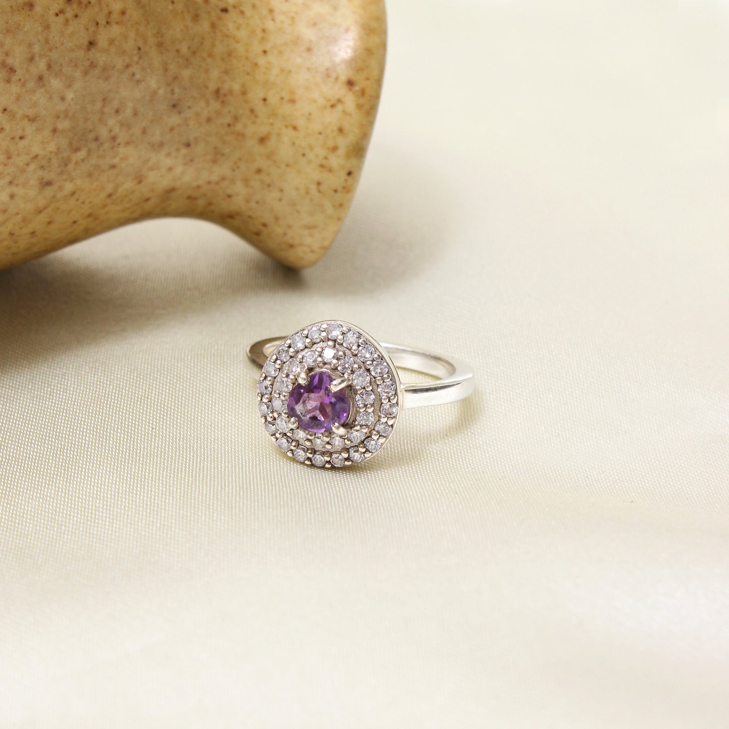 925 Sterling Silver Natural Amethyst Halo Ring | February Birthstone | Dainty Purple Gemstone Engagement Ring