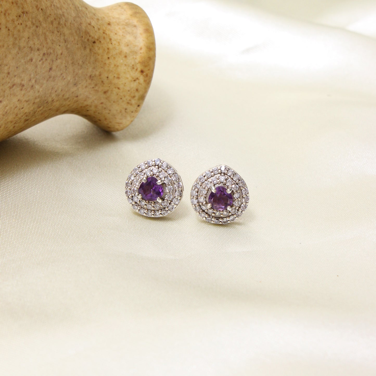 925 Sterling Silver Natural Amethyst Halo Stud Earrings | Purple Gemstone February Birthstone Jewelry for Women