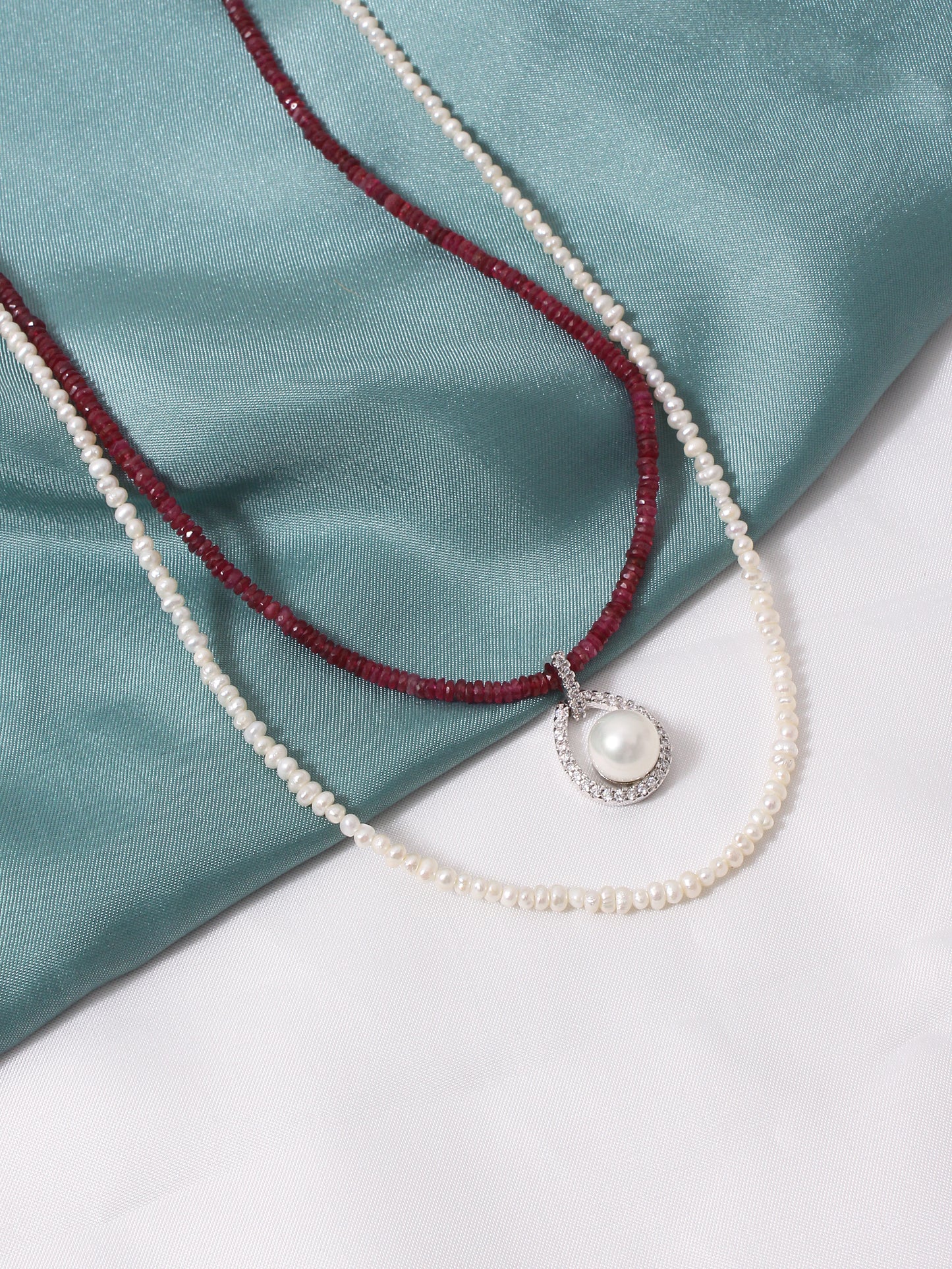 Pearl & Ruby Pendant: Timeless Elegance, Layered Necklace