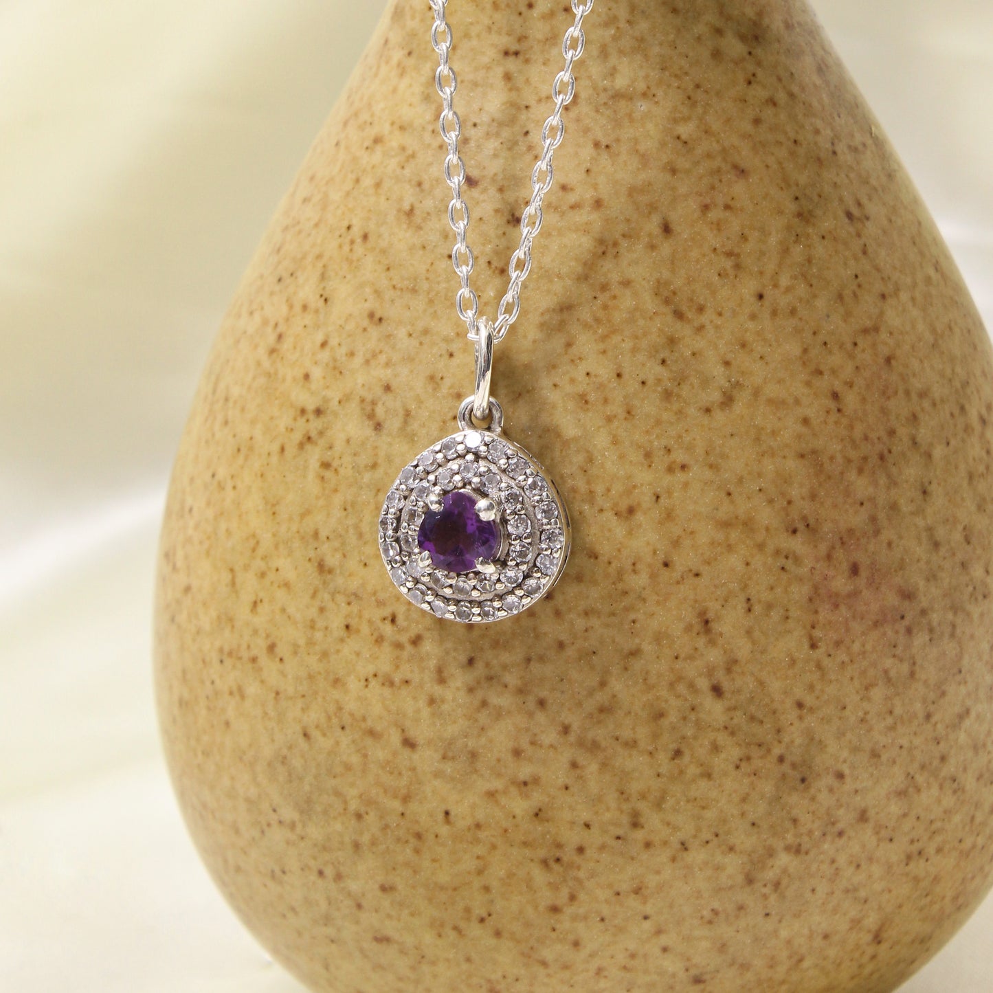 925 Sterling Silver Natural Amethyst Halo Pendant Necklace | February Birthstone Purple Gemstone Jewelry for Women