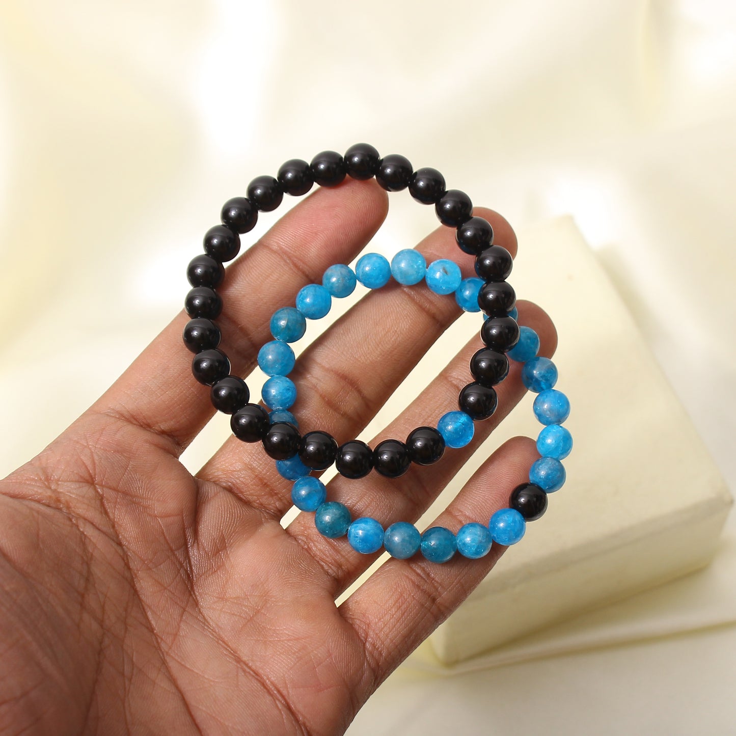 Bracelet for Couples, Onyx and Apatite Stretch Beaded Bracelet