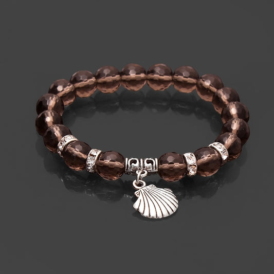 Trendy Smoky Quartz Beaded Bracelet With Shell Charm