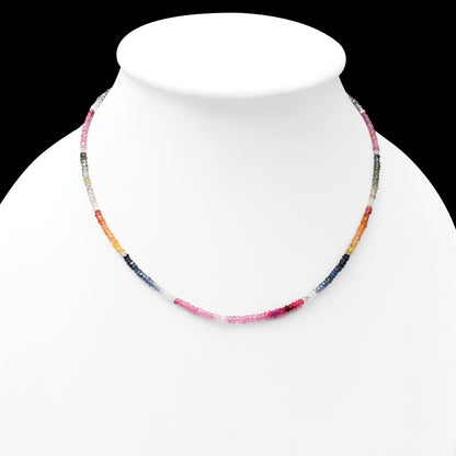 Natural multi-sapphire faceted rondelle beads necklace on a necklace dummy