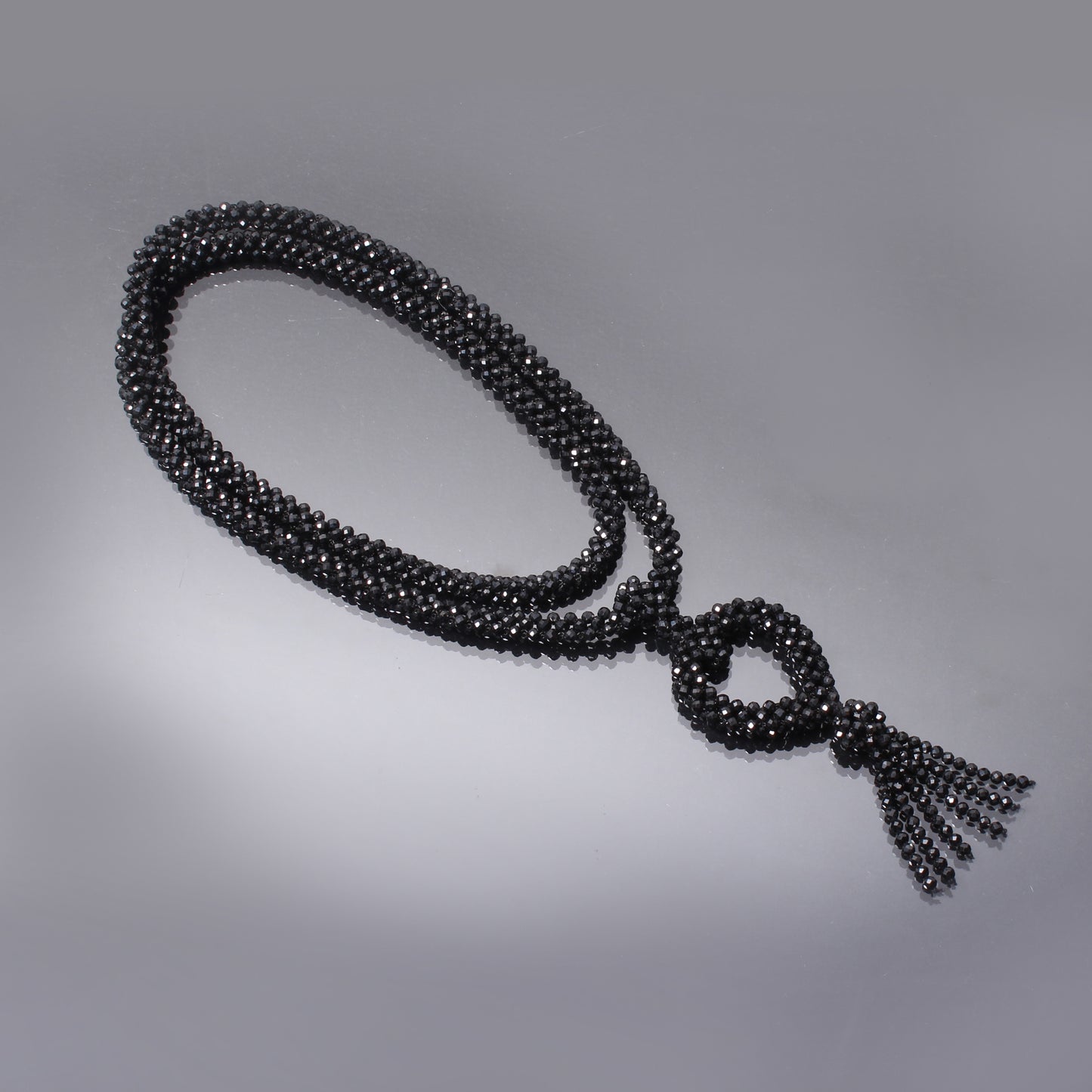 Natural Black Spinel Beaded Mala Necklace with Long Beaded Pendant
