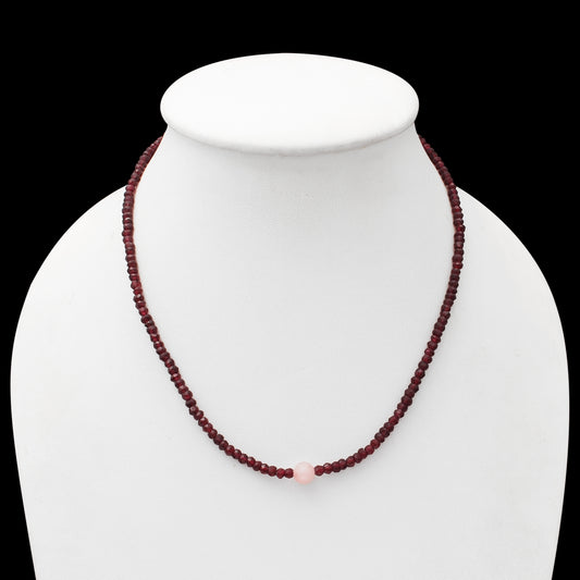 Red garnet rondelle faceted bead and rose quartz necklace